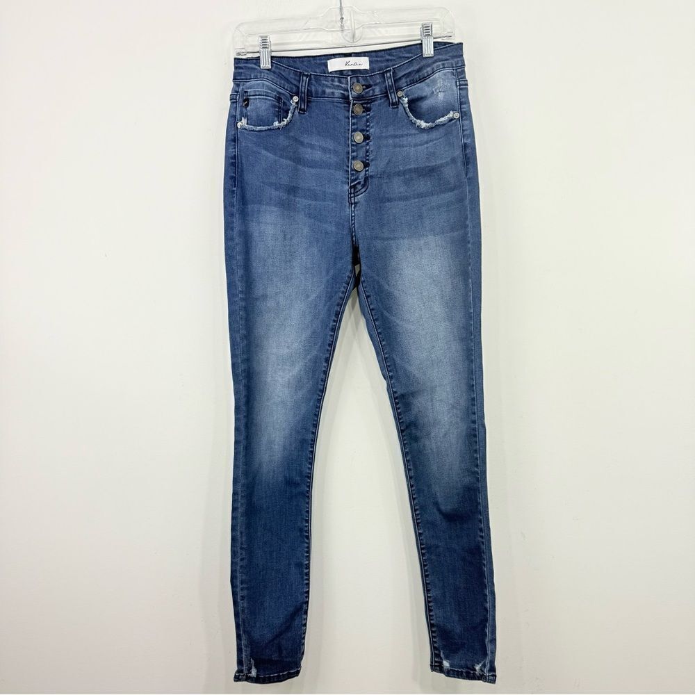 KanCan Estilo Blue Medium Wash Factory Frayed High Waist Button Skinny Jeans
